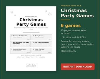 Christmas Party Games Printable, 6 Word Games: Scramble, Missing Vowels, Carol Cryptograms, Word Ladders, This-or-That Cards, PDF