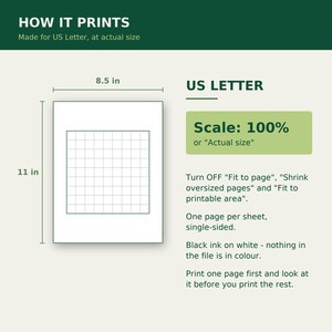 Puede incluir: Un gr&aacute;fico de instrucciones titulado HOW IT PRINTS para papel US Letter que mide 21,59 cm por 27,94 cm. Muestra una cuadr&iacute;cula en una hoja blanca, especifica Scale: 100% o Actual size, y enumera instrucciones de impresi&oacute;n como desactivar ajustar.