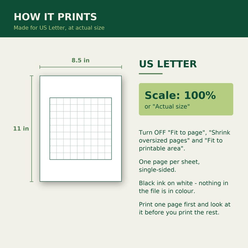 Puede incluir: Un gr&aacute;fico de instrucciones titulado HOW IT PRINTS para papel US Letter que mide 21,59 cm por 27,94 cm. Muestra una cuadr&iacute;cula en una hoja blanca, especifica Scale: 100% o Actual size, y enumera instrucciones de impresi&oacute;n como desactivar ajustar.