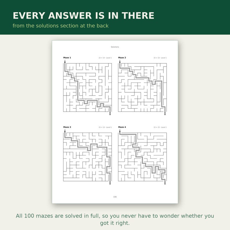 Puede incluir: Una p&aacute;gina de libro con cuatro laberintos cuadrados en blanco y negro etiquetados del Maze 1 al Maze 4. Cada laberinto muestra un camino completado marcado con una l&iacute;nea gris. El texto en la parte superior dice EVERY ANSWER IS IN THERE from the solutions.