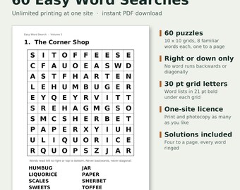 Care Home Activity Pack, 60 Easy Word Searches, Large Print Grids, Forward Only Words, Dementia Friendly Layout, One Site Print License PDF