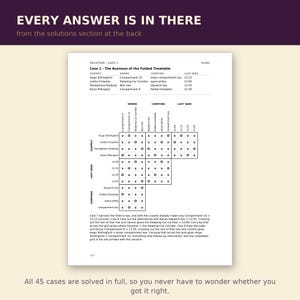K&ouml;nnte beinhalten: Eine wei&szlig;e Seite mit dem Titel Case 1 - The Business of the Folded Timetable, die ein Logikr&auml;tsel-Gitter mit Verd&auml;chtigen, Orten, Gegenst&auml;nden und Zeiten zeigt. Der Text enth&auml;lt &Uuml;berschriften wie EVERY ANSWER IS IN THERE und All 45 cases are solved in full.