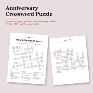 K&ouml;nnte beinhalten: Ein druckbares Jubil&auml;ums-Kreuzwortr&auml;tsel bestehend aus zwei wei&szlig;en Bl&auml;ttern mit schwarzem Text und Gittern. Ein Blatt ist mit Rosa & Henry: 25 Years betitelt und enth&auml;lt Hinweise, das andere ist ein L&ouml;sungsschl&uuml;ssel mit kleinen roten Herzen.