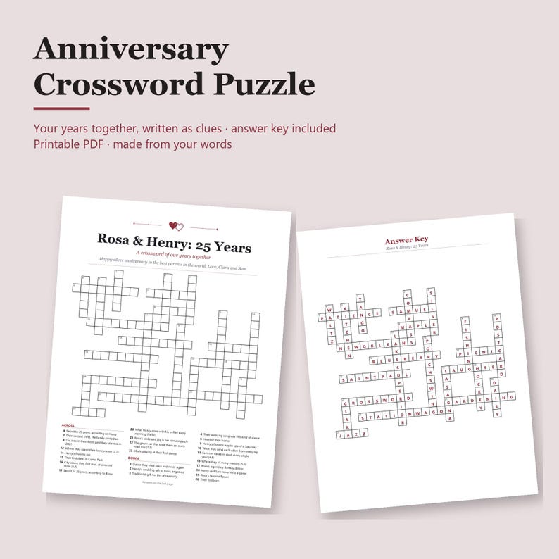 K&ouml;nnte beinhalten: Ein druckbares Jubil&auml;ums-Kreuzwortr&auml;tsel bestehend aus zwei wei&szlig;en Bl&auml;ttern mit schwarzem Text und Gittern. Ein Blatt ist mit Rosa & Henry: 25 Years betitelt und enth&auml;lt Hinweise, das andere ist ein L&ouml;sungsschl&uuml;ssel mit kleinen roten Herzen.