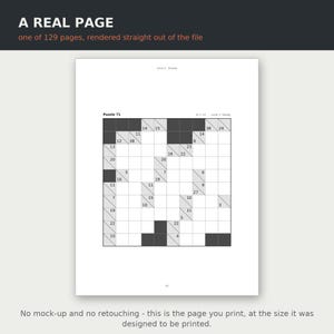 Puede incluir: Una p&aacute;gina impresa que muestra un crucigrama en blanco y negro etiquetado como Puzzle 71, con una cuadr&iacute;cula de 10x10 que contiene cuadrados numerados, celdas negras y l&iacute;neas diagonales. El texto del encabezado dice A REAL PAGE, one of 129 pages.