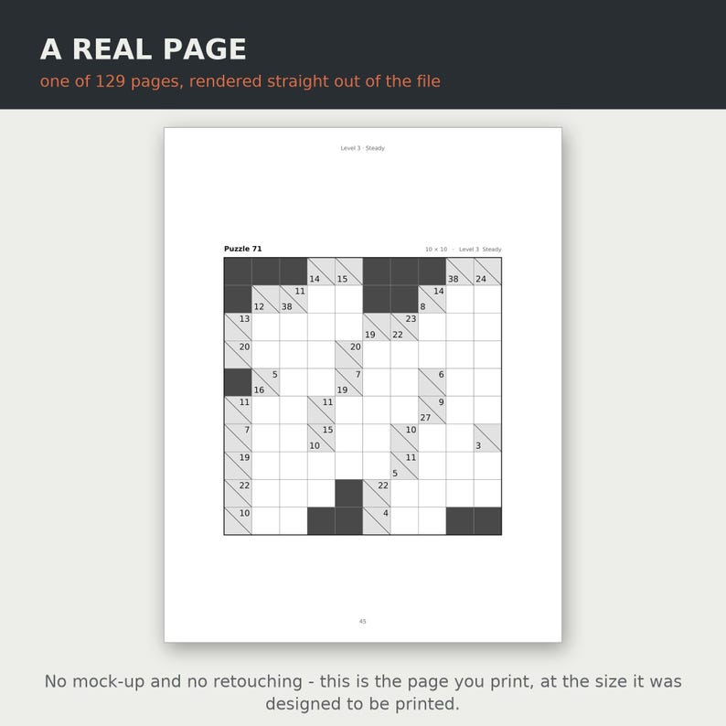 Puede incluir: Una p&aacute;gina impresa que muestra un crucigrama en blanco y negro etiquetado como Puzzle 71, con una cuadr&iacute;cula de 10x10 que contiene cuadrados numerados, celdas negras y l&iacute;neas diagonales. El texto del encabezado dice A REAL PAGE, one of 129 pages.