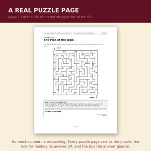 Pu&ograve; includere: Una pagina di puzzle bianca intitolata The Plan of the Walk tratta da The Armchair Detective Halloween Case. La pagina presenta un labirinto in bianco e nero con lettere in varie sezioni, istruzioni per leggere la risposta e una riga.