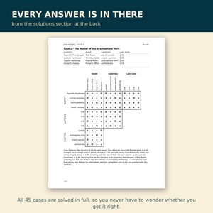 May include: A white page titled Solution - Case 1: The Matter of the Gramophone Horn, featuring a logic puzzle grid with suspects, rooms, items, and times. The text includes a table of clues and a paragraph explaining the deduction process.