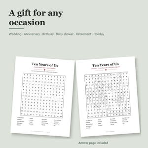 Op de afbeelding: Twee witte vellen papier met een woordzoeker getiteld Ten Years of Us. Het linkerblad is leeg, terwijl het rechterblad de puzzel met omcirkelde antwoorden toont. De tekst bevat A gift for any occasion, Wedding, Anniversary, Birthday, Baby shower, Retirement, Holiday en Answer page included.
