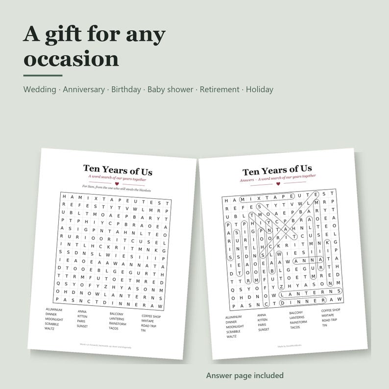 Op de afbeelding: Twee witte vellen papier met een woordzoeker getiteld Ten Years of Us. Het linkerblad is leeg, terwijl het rechterblad de puzzel met omcirkelde antwoorden toont. De tekst bevat A gift for any occasion, Wedding, Anniversary, Birthday, Baby shower, Retirement, Holiday en Answer page included.