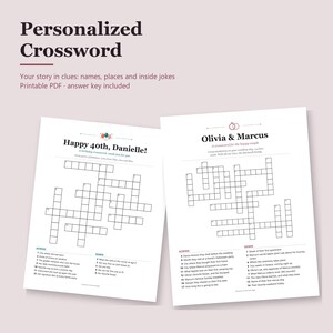 May include: Two personalized crossword puzzle sheets on white paper. The left sheet is titled Happy 40th, Danielle! and the right sheet is titled Olivia & Marcus. Both include numbered clues for across and down, grid boxes, and decorative icons.