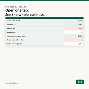 May include: A business dashboard interface displaying the text Open one tab. See the whole business. A table lists financial metrics including Revenue this month, Net profit YTD, Owed to you, Active clients, Projected monthly revenue, and Tax set-aside.