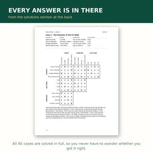 Puede incluir: Una p&aacute;gina blanca titulada Solution - Case 1, que presenta una cuadr&iacute;cula de l&oacute;gica con sospechosos, habitaciones, objetos y horas. El texto incluye Case 1 - The Question of the Fir Walk, una tabla de pistas, una cuadr&iacute;cula completa con X y O.