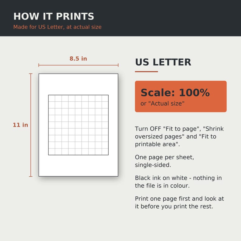 Puede incluir: Un gr&aacute;fico de instrucciones titulado HOW IT PRINTS para papel US Letter. Muestra una hoja blanca con una cuadr&iacute;cula, etiquetada como 8.5 in por 11 in. El texto incluye US LETTER, Scale: 100% o Actual size, e instrucciones de configuraci&oacute;n.