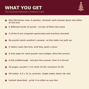 May include: A document titled WHAT YOU GET The Armchair Detective Christmas Case, featuring a list of contents including 6 puzzles, hint pages, and a full walkthrough. It specifies 28 pages in US Letter 8.5 x 11 inch format, black ink only.