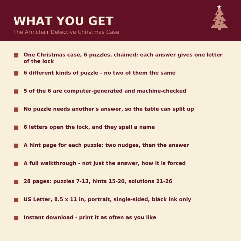 May include: A document titled WHAT YOU GET The Armchair Detective Christmas Case, featuring a list of contents including 6 puzzles, hint pages, and a full walkthrough. It specifies 28 pages in US Letter 8.5 x 11 inch format, black ink only.