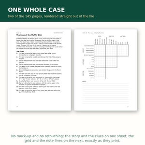 Puede incluir: Dos p&aacute;ginas blancas de un libro de acertijos l&oacute;gicos titulado The Case of the Muffin Dish. La p&aacute;gina izquierda contiene una historia de misterio y doce pistas numeradas. La p&aacute;gina derecha presenta una cuadr&iacute;cula para seguir sospechosos y notas.