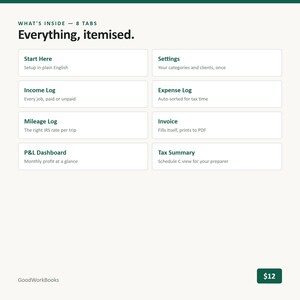 K&ouml;nnte beinhalten: Eine digitale Tabellenkalkulationsoberfl&auml;che mit dem Titel What's Inside - 8 Tabs, Everything, itemised. Sie enth&auml;lt acht beschriftete Felder: Start Here, Settings, Income Log, Expense Log, Mileage Log, Invoice, P&L Dashboard und Tax Summary mit Beschreibungen.