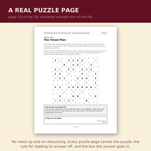 May include: A white puzzle page titled The Tinsel Plan from The Armchair Detective Christmas Case. The page features a grid of dots, numbers, and letters, with instructions on how to read the answer and a box to write the third letter of the name.