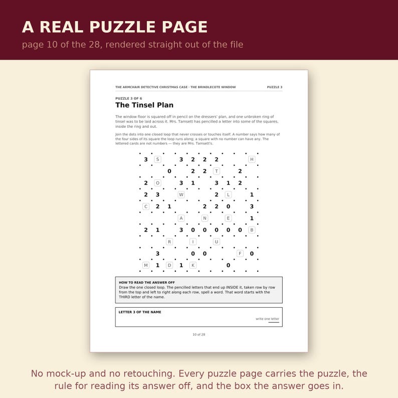 May include: A white puzzle page titled The Tinsel Plan from The Armchair Detective Christmas Case. The page features a grid of dots, numbers, and letters, with instructions on how to read the answer and a box to write the third letter of the name.