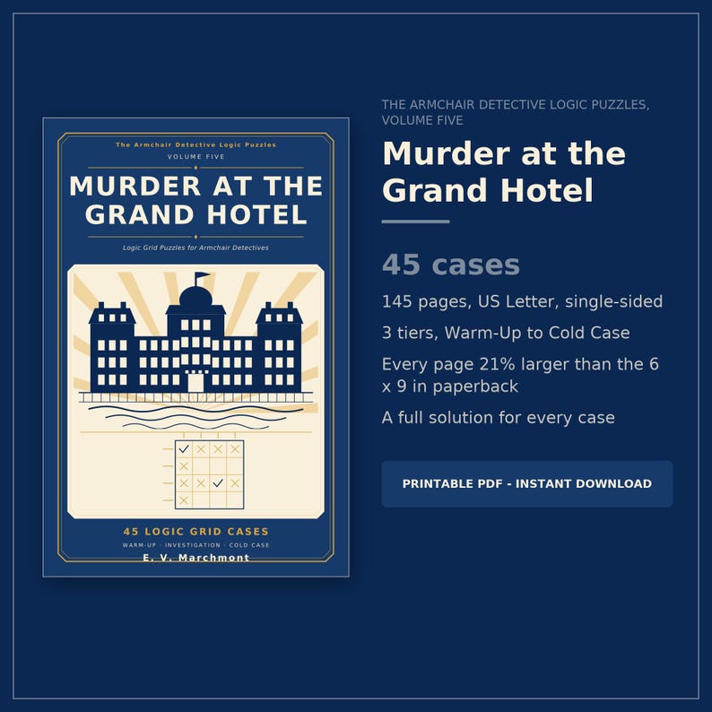 Mystery Logic Grid Puzzle Book PDF, 45 utskrivbara Whodunit-fall på ett hotell vid havet, Mord på Grand Hotel [PDF] bild 1