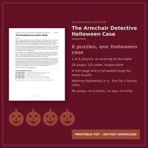 Pu&ograve; includere: Il set di gioco The Armchair Detective Halloween Case include 6 enigmi, 28 pagine in formato US Letter, una pagina di suggerimenti e una soluzione. Lo sfondo rosso scuro mostra il titolo, i dettagli del gioco e quattro icone di zucche arancioni.