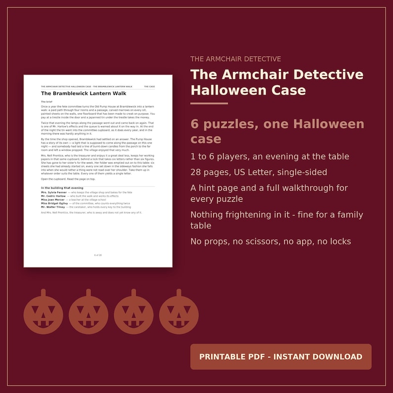 Pu&ograve; includere: Il set di gioco The Armchair Detective Halloween Case include 6 enigmi, 28 pagine in formato US Letter, una pagina di suggerimenti e una soluzione. Lo sfondo rosso scuro mostra il titolo, i dettagli del gioco e quattro icone di zucche arancioni.