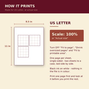 May include: A digital instructional graphic titled HOW IT PRINTS for US Letter paper measuring 8.5 in by 11 in. It displays a white page with three grid squares, text instructions for printing at 100% scale, and notes on printer settings.