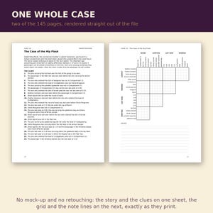 K&ouml;nnte beinhalten: Zwei wei&szlig;e Seiten aus einem Krimispiel mit dem Titel Case 16 The Case of the Hip Flask. Die linke Seite enth&auml;lt eine Erz&auml;hlung und dreiundzwanzig nummerierte Hinweise. Die rechte Seite zeigt ein Logikgitter zur Verfolgung von Verd&auml;chtigen.