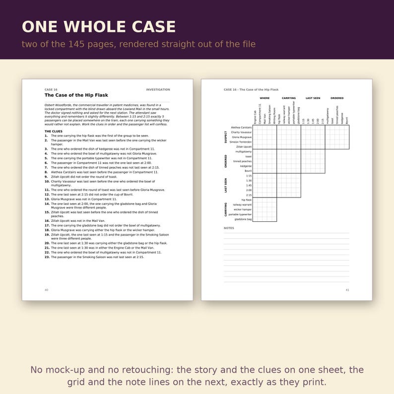 K&ouml;nnte beinhalten: Zwei wei&szlig;e Seiten aus einem Krimispiel mit dem Titel Case 16 The Case of the Hip Flask. Die linke Seite enth&auml;lt eine Erz&auml;hlung und dreiundzwanzig nummerierte Hinweise. Die rechte Seite zeigt ein Logikgitter zur Verfolgung von Verd&auml;chtigen.