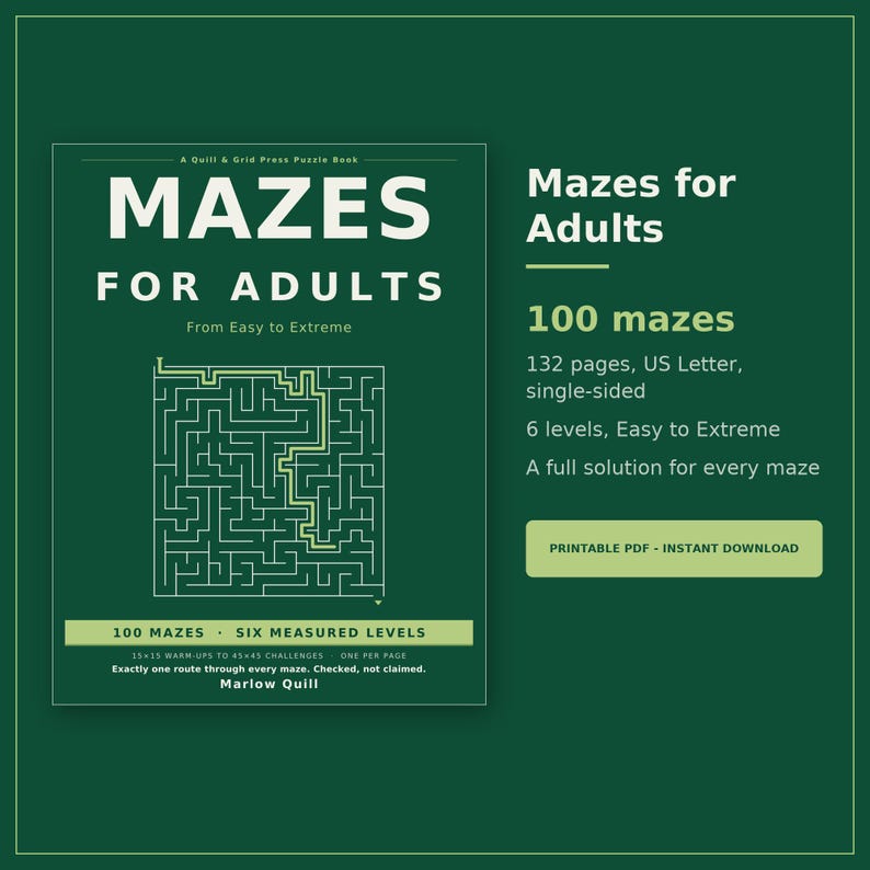 Puede incluir: Un libro de acertijos verde oscuro titulado Mazes for Adults de Marlow Quill. La portada presenta un gr&aacute;fico de laberinto blanco, 100 laberintos, seis niveles, 132 p&aacute;ginas, tama&ntilde;o US Letter, una cara y soluciones. Texto: Printable PDF Instant Download.