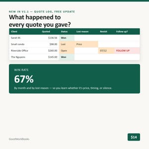 K&ouml;nnte beinhalten: Eine digitale Angebotslog-Schnittstelle mit einer Tabelle f&uuml;r Kunden, Angebotsbetrag, Status, Verlustgrund, Wiedervorlage und Nachverfolgung. Die &Uuml;berschrift lautet New in V1.1 - Quote Log, Free Update, What happened to every quote you gave? Eine Gewinnrate von 67% wird darunter angezeigt.