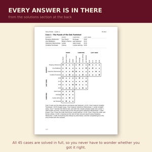 May include: A white page titled Solution - Case 1: The Puzzle of the Oak Footstool, featuring a logic grid with suspects, rooms, items, and times. The text includes clues and a completed grid with X and O marks, labelled with page number 102.