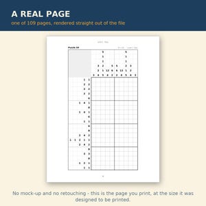 以下が含まれることがあります： Puzzle 59とラベル付けされた白黒のノノグラム論理パズルが記載された白いページ。グリッドには列と行に配置された数値の手がかりが含まれています。上部にはA REAL PAGEおよびone of 109 pages, rendered straight out of the fileというテキストが表示されています。