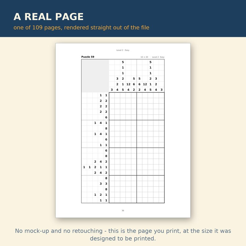 以下が含まれることがあります： Puzzle 59とラベル付けされた白黒のノノグラム論理パズルが記載された白いページ。グリッドには列と行に配置された数値の手がかりが含まれています。上部にはA REAL PAGEおよびone of 109 pages, rendered straight out of the fileというテキストが表示されています。