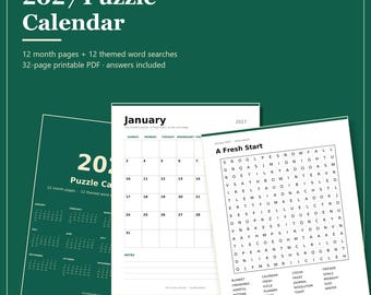 2027 Printable Calendar with Word Search Puzzles, Monthly Calendar and 12 Themed Word Searches, Puzzle Calendar PDF, US Letter
