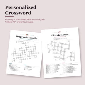 May include: Two personalised crossword puzzle sheets on white paper. The left sheet is titled Happy 40th, Danielle! and the right sheet is titled Olivia & Marcus. Both include numbered clues for across and down, grid boxes, and decorative icons.
