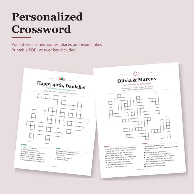 May include: Two personalised crossword puzzle sheets on white paper. The left sheet is titled Happy 40th, Danielle! and the right sheet is titled Olivia & Marcus. Both include numbered clues for across and down, grid boxes, and decorative icons.