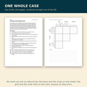 May include: Two white pages from a logic puzzle book titled Case 16: The Case of the Bag of Coal. The left page contains a mystery story and thirteen numbered clues. The right page features a blank logic grid for tracking suspects, rooms, items, and times.