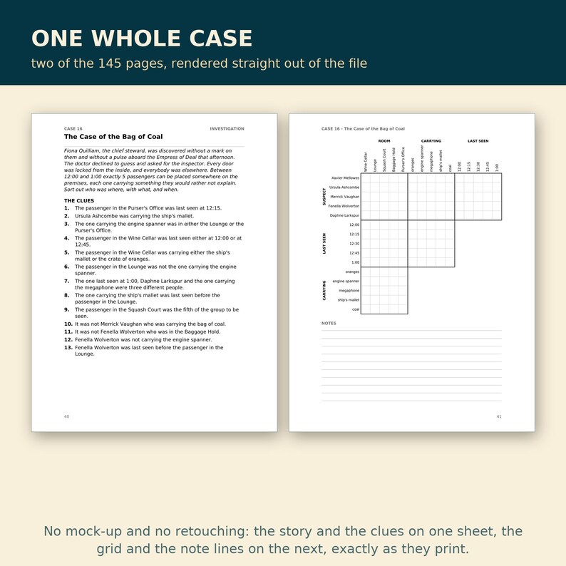 May include: Two white pages from a logic puzzle book titled Case 16: The Case of the Bag of Coal. The left page contains a mystery story and thirteen numbered clues. The right page features a blank logic grid for tracking suspects, rooms, items, and times.