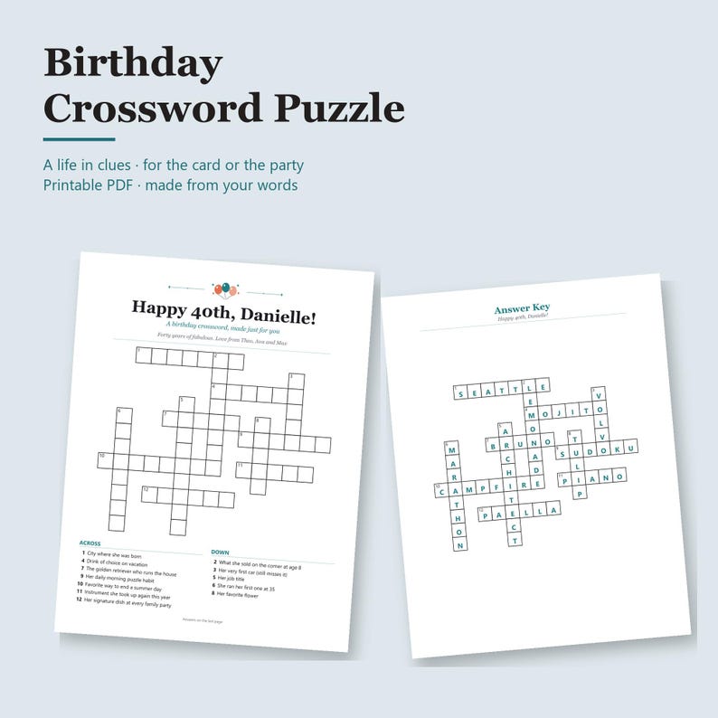 May include: A printable birthday crossword puzzle featuring the text Birthday Crossword Puzzle, A life in clues, for the card or the party, Printable PDF, made from your words, Happy 40th, Danielle!, and Answer Key with filled-in puzzle words.