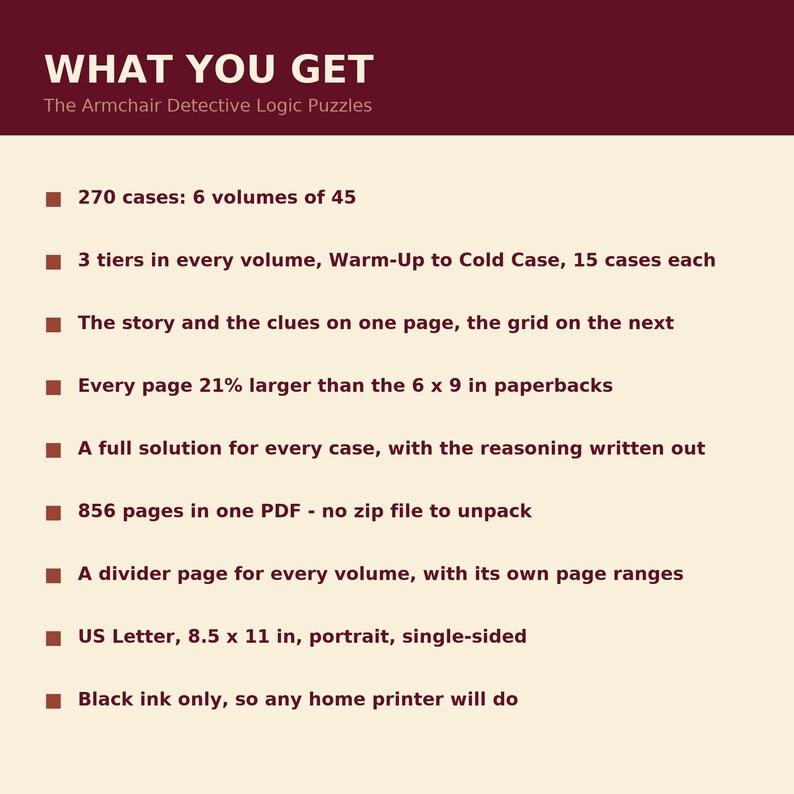 May include: A digital document titled WHAT YOU GET The Armchair Detective Logic Puzzles. It lists 270 cases in 6 volumes, 3 tiers per volume, story and clues on one page, 21% larger than 6 x 9 in paperbacks, full solutions, 856 pages, US Letter 8.5 x 11 in.