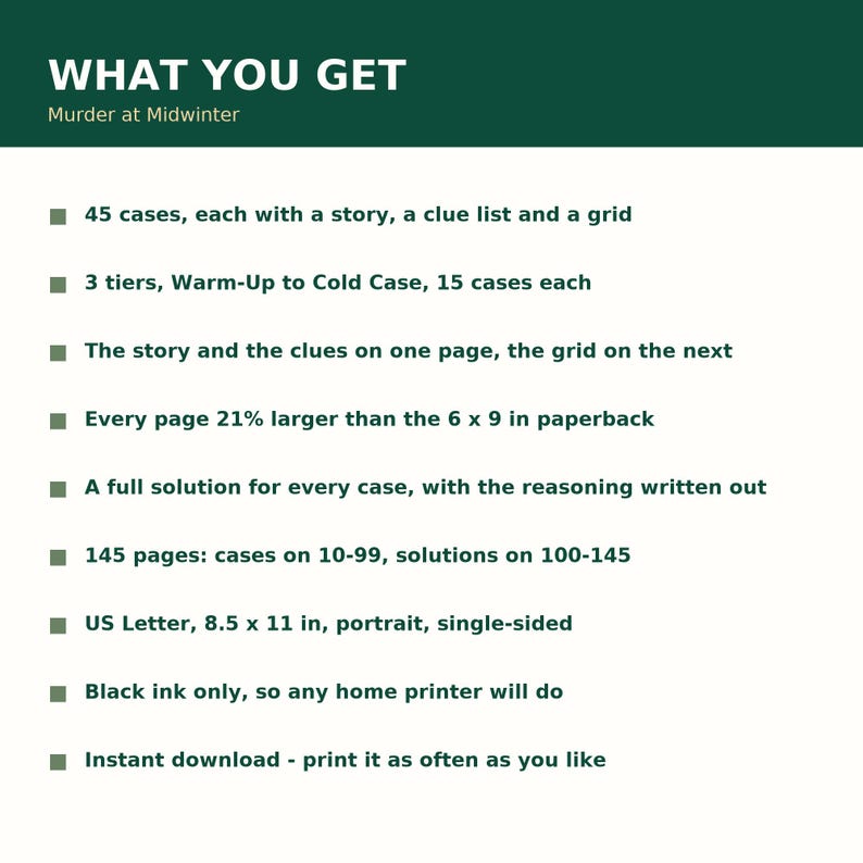 Puede incluir: Un documento informativo blanco titulado WHAT YOU GET Murder at Midwinter con un encabezado verde oscuro. Enumera 45 casos, 3 niveles, 145 p&aacute;ginas y formato US Letter de 21,59 x 27,94 cm. El texto detalla historias, listas de pistas, cuadr&iacute;culas y soluciones.