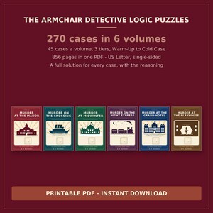 Op de afbeelding: De collectie The Armchair Detective Logic Puzzles bevat 270 zaken in 6 volumes, in totaal 856 pagina's in een US Letter PDF. Zes boekomslagen worden getoond, getiteld Murder at the Manor, Crossing, Midwinter, Night Express, Grand Hotel en Playhouse.