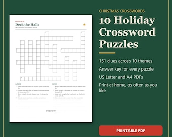 Christmas Crossword Puzzles Printable, 10 Holiday Crosswords with Answer Keys, Christmas Party Activity, Winter Word Puzzles, Letter A4 PDF