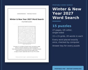 Winter and New Year 2027 Word Search Printable, 15 Puzzles with Answer Keys, January Classroom Activity, Snow Day Puzzle Pack, Letter PDF