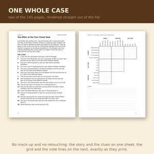 Op de afbeelding: Twee witte pagina's uit een mysteriespel getiteld Case 16 The Affair of the Torn Ticket Stub. De linkerpagina bevat een verhalend verhaal en zestien genummerde aanwijzingen. De rechterpagina bevat een logisch raster voor het volgen van verdachten.