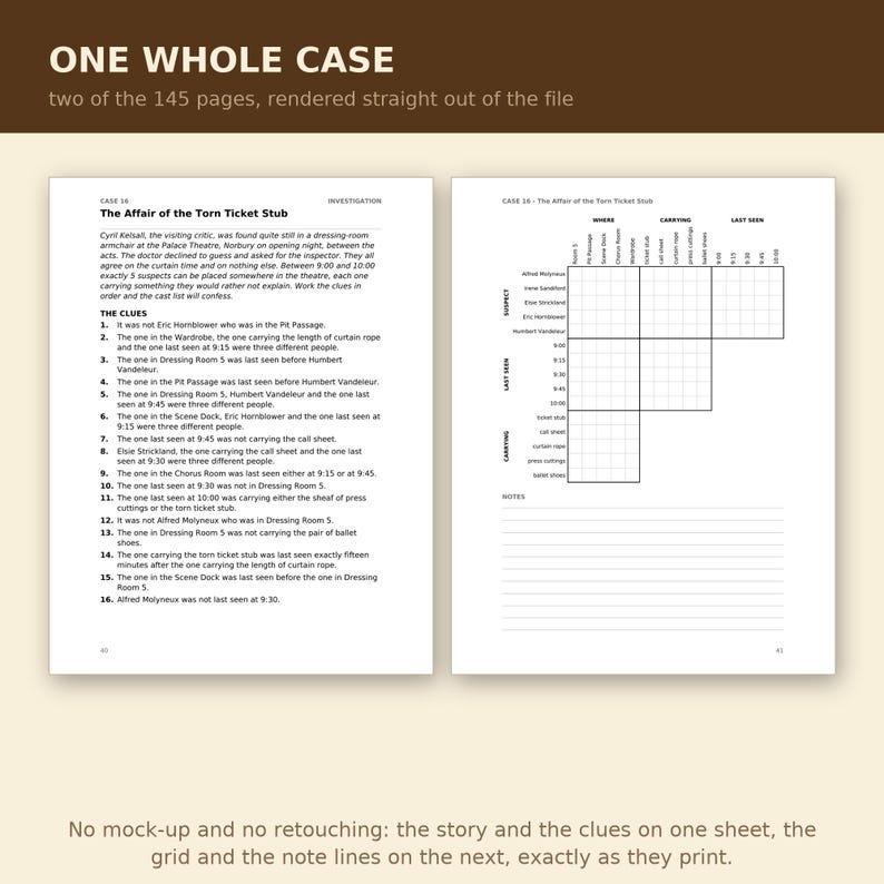 Op de afbeelding: Twee witte pagina's uit een mysteriespel getiteld Case 16 The Affair of the Torn Ticket Stub. De linkerpagina bevat een verhalend verhaal en zestien genummerde aanwijzingen. De rechterpagina bevat een logisch raster voor het volgen van verdachten.
