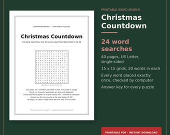 Christmas Countdown Word Search Printable, 24 Advent Puzzles December 1 to 24 with Answer Keys, Holiday Activity for Kids and Family, PDF