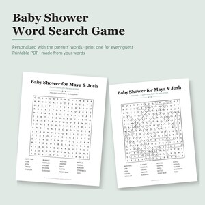 May include: Two white paper sheets featuring a Baby Shower Word Search Game for Maya & Josh. The left sheet is the blank puzzle, and the right sheet shows the completed answers with circled words. Both include a list of baby-themed words below.